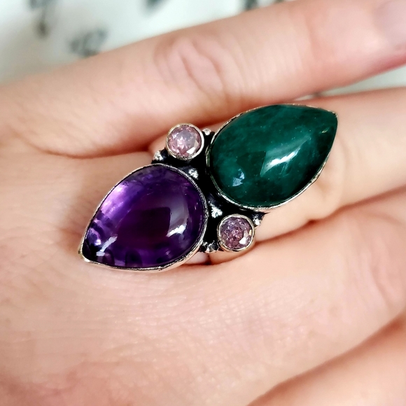 New Amethyst, Emerald & Pink Topaz 925 Silver Statement Ring. - Picture 5 of 7
